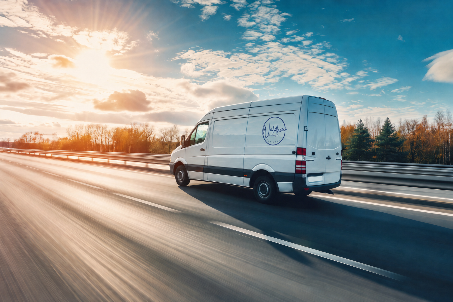 Waldhour Plumbing van driving on the highway